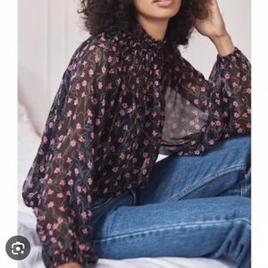 Elizabeth & James Floral Sheer Smocked Black Long Sleeve Blouse Medium